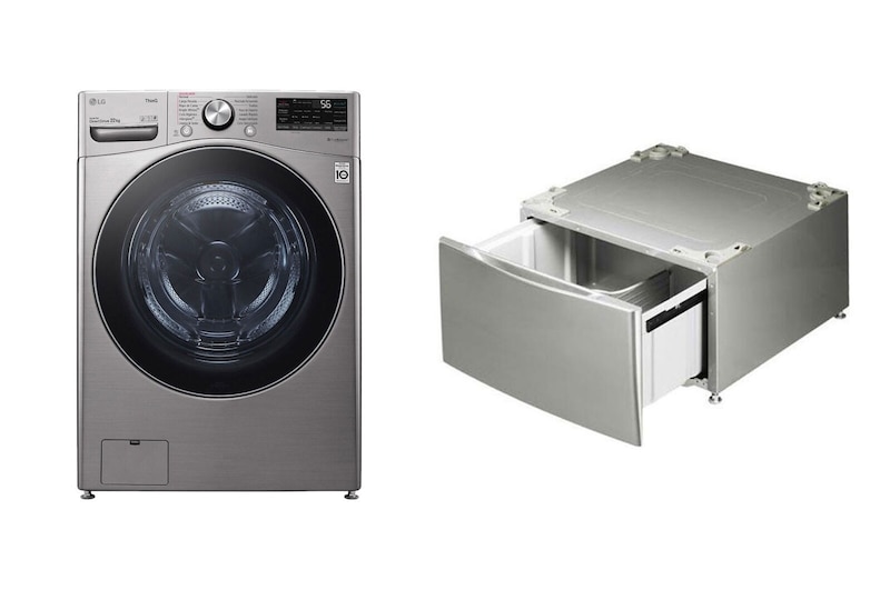 Vista frontal de  Lavadora LG Carga Frontal Inteligente Inverter AI DD™ (Inteligencia Artificial), 22 Kg + Pedestal - Plata  WM22VV2S6R.WDP4V