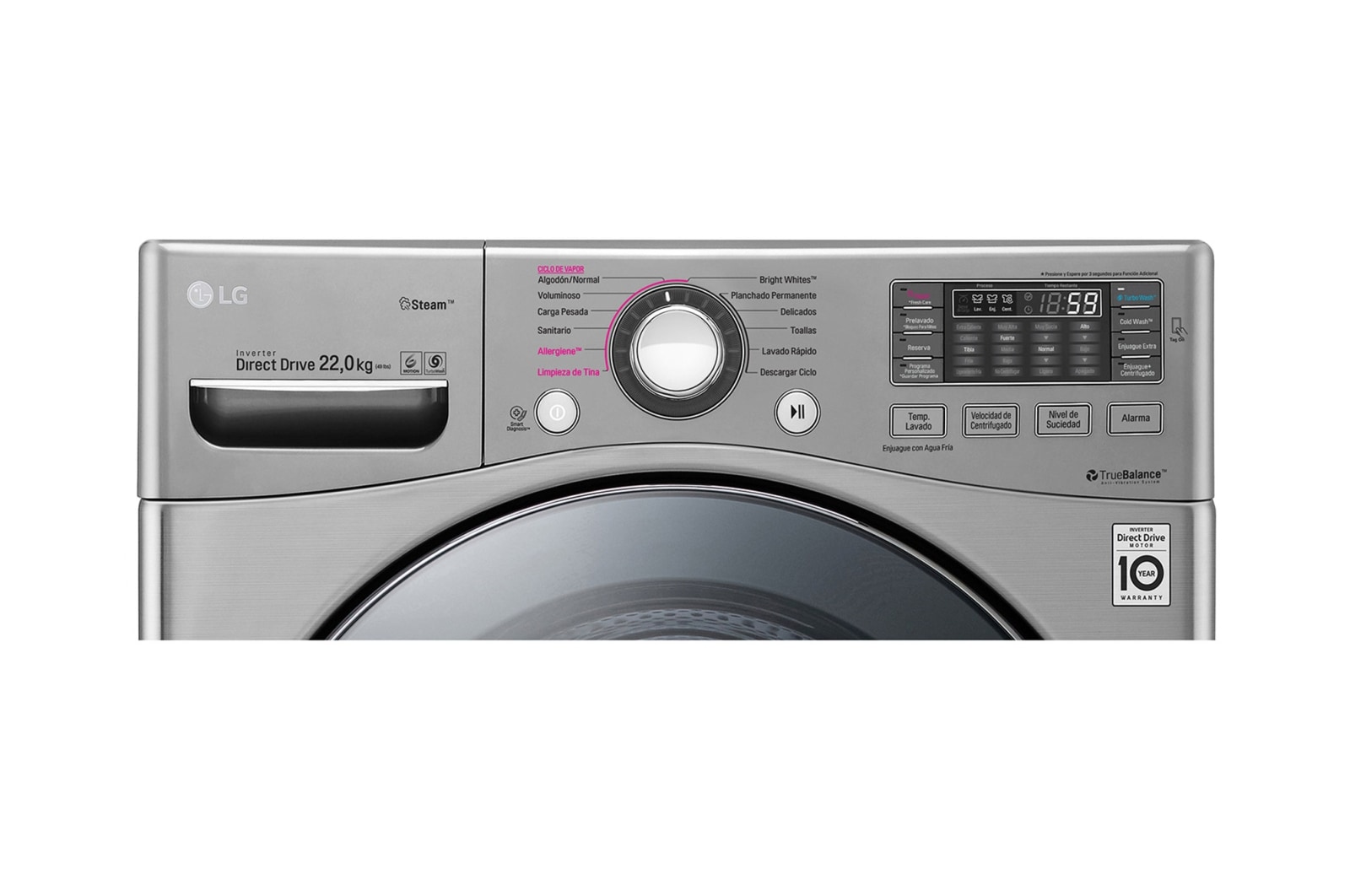 LG Lavadora Carga Frontal 6 Motion DD con Motor Inverter Direct Drive, Smart Diagnosis™ 22 Kg color Deluxe steel Compatible con LG TWINWash™ Mini, WM22VVS6