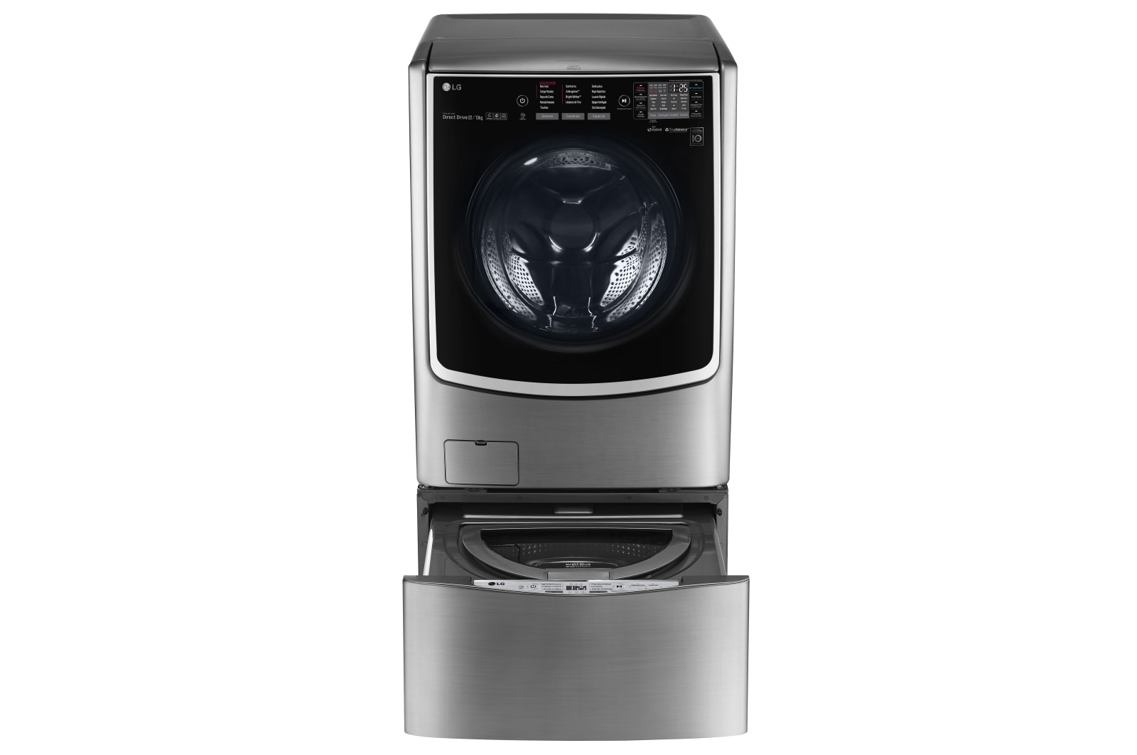 Vista frontal de Lavadora Smart TWINWash™ Carga Frontal 6 Motion DD con Motor Inverter Direct Drive con SmartThinQ™ 25.5 Kg (22 kg &#43; 3.5 kg) color Deluxe steel WM5000HVA