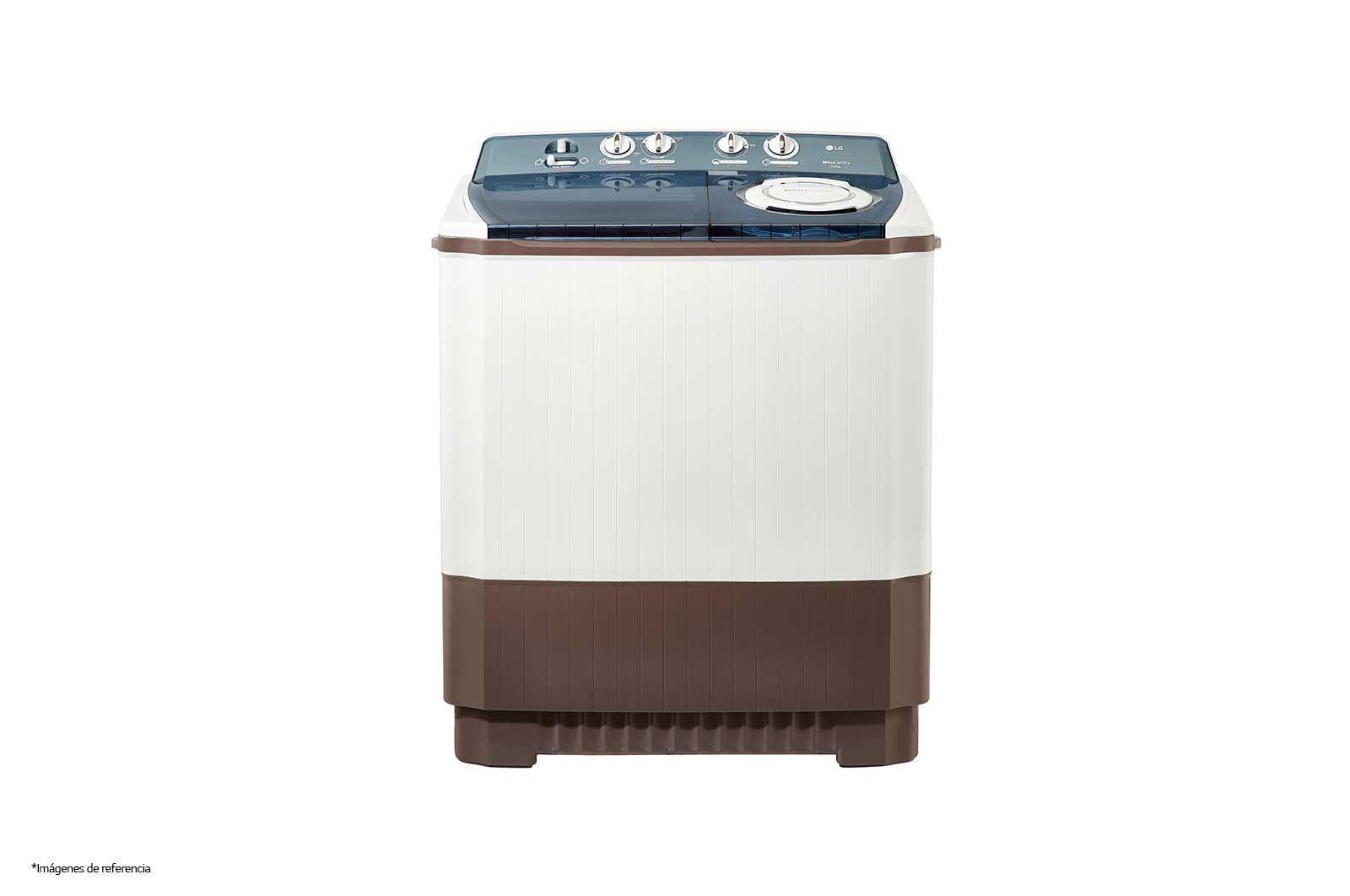 Vista frontal de Lavadora Carga Superior Doble Tina con Sistema sin aspas Roller- Jet 17Kg color Blanca con café WP17WA
