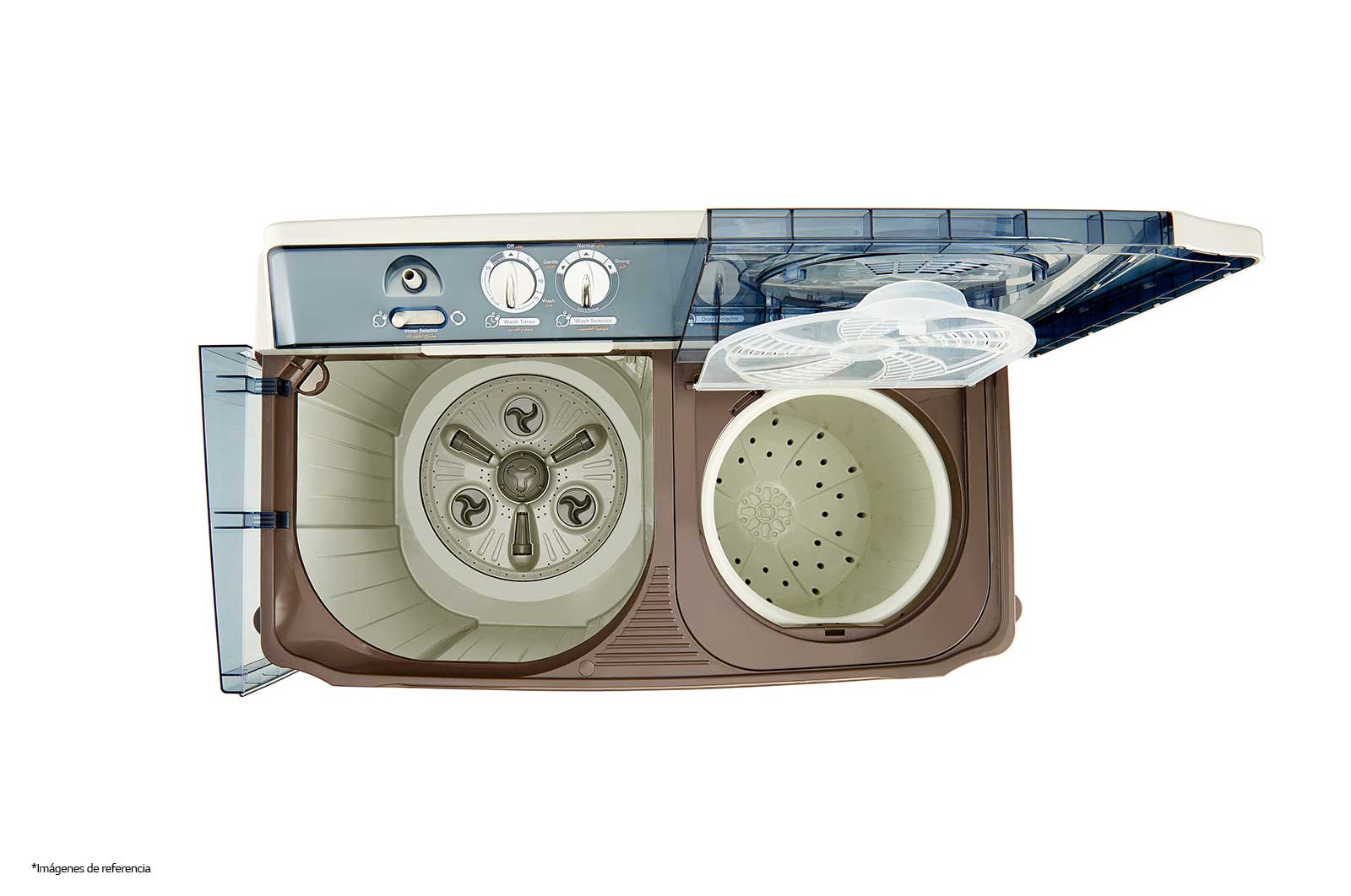 LG Lavadora Carga Superior Doble Tina con Sistema sin aspas Roller- Jet 17Kg color Blanca con café, WP17WA