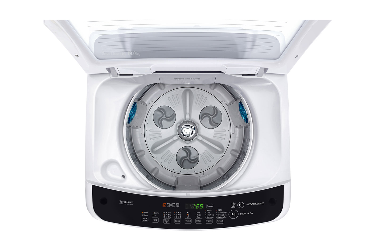 LG Lavadora Carga Superior 3 Smart Motion + TurboDrum™ con Motor Smart Inverter 19 Kg color Blanca con panel negro, WT19WSBP