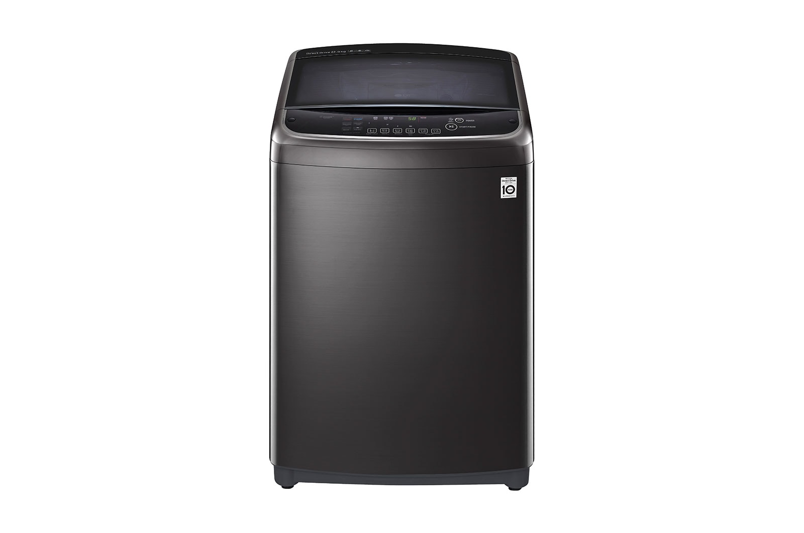 Vista frontal de Lavadora Carga Superior Inteligente 6 Motion DD con Motor  Inverter Direct Drive, True Steam 22Kg color Black Steel con Conectividad LG ThinQ WT22BSS6H