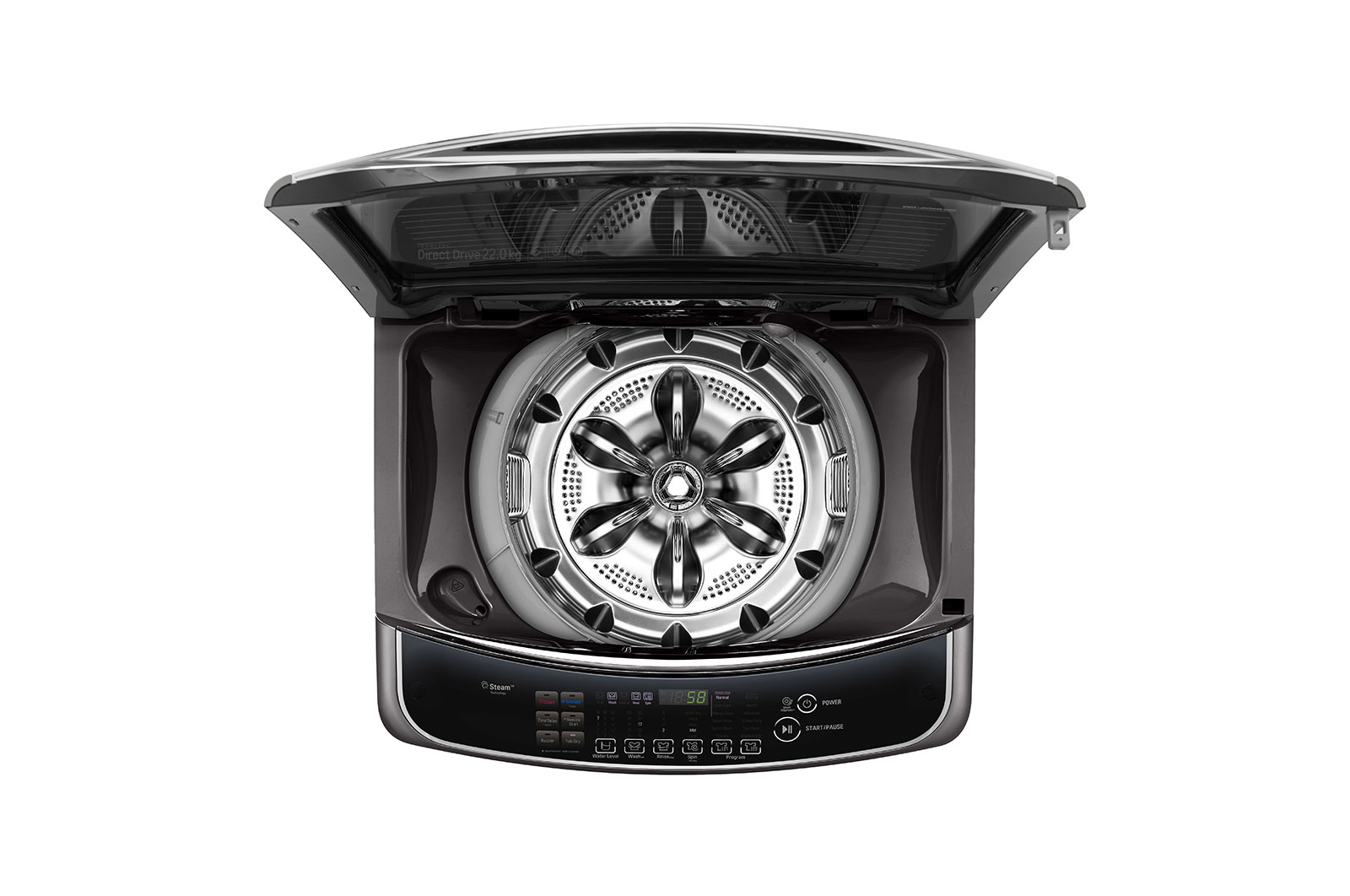 LG Lavadora Carga Superior Inteligente 6 Motion DD con Motor  Inverter Direct Drive, True Steam 22Kg color Black Steel con Conectividad LG ThinQ, WT22BSS6H
