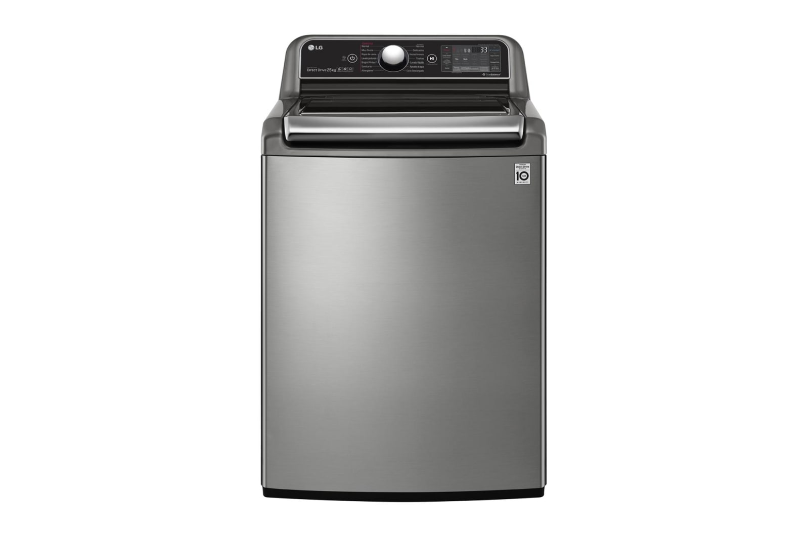 Vista frontal de Lavadora Carga Superior Inteligente  6 Motion DD, con Motor Inverter Direct Drive, Turbo Shot 25Kg color Plata con Conectividad LG ThinQ WT25VTS6H