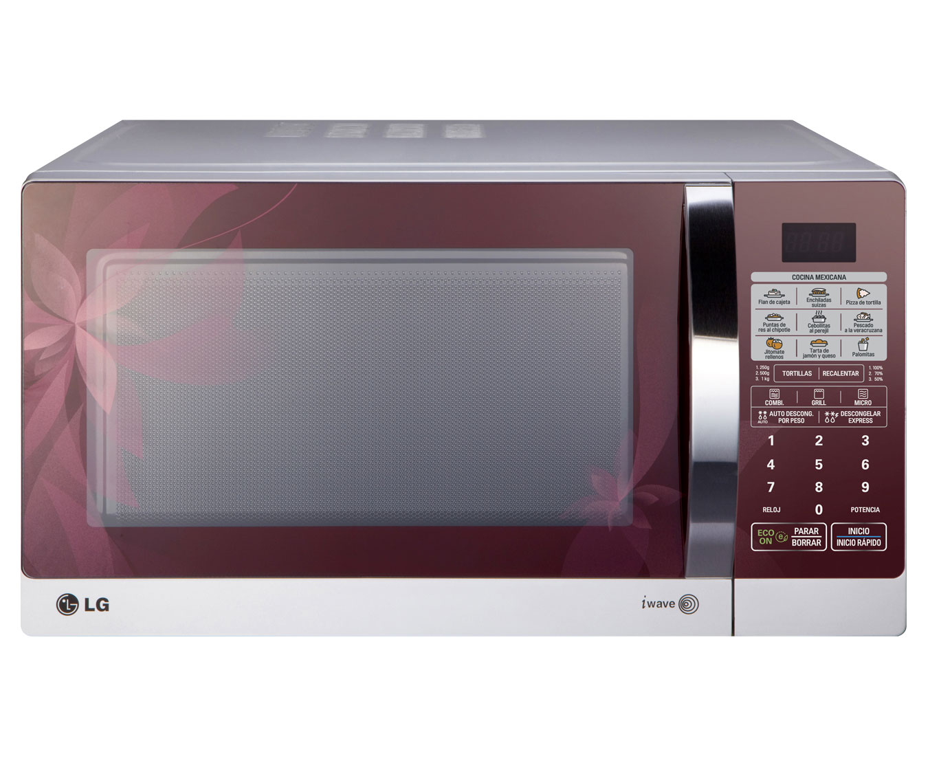Vista frontal de HORNO DE MICROONDAS LG GRILL 2 EN 1 1.1 pies³ ROJO FLORAL MH1143AAF
