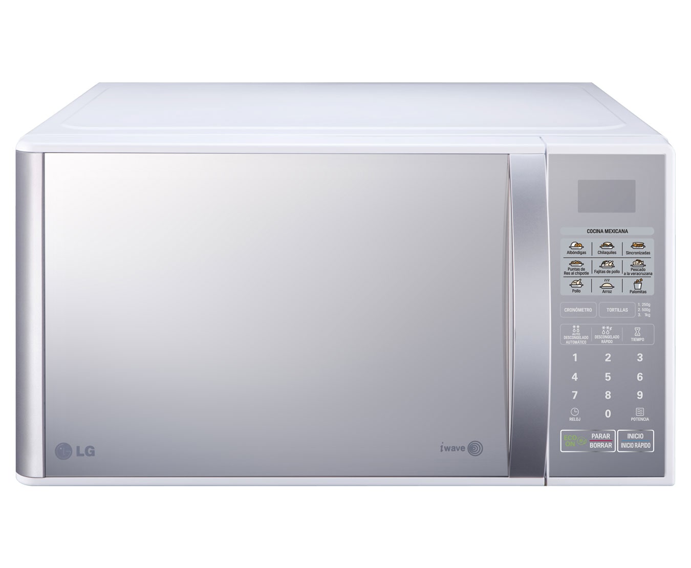 Vista frontal de HORNO DE MICROONDAS LG SOLO 1.1 pies³ ESPEJO WHITE MS1143BWM