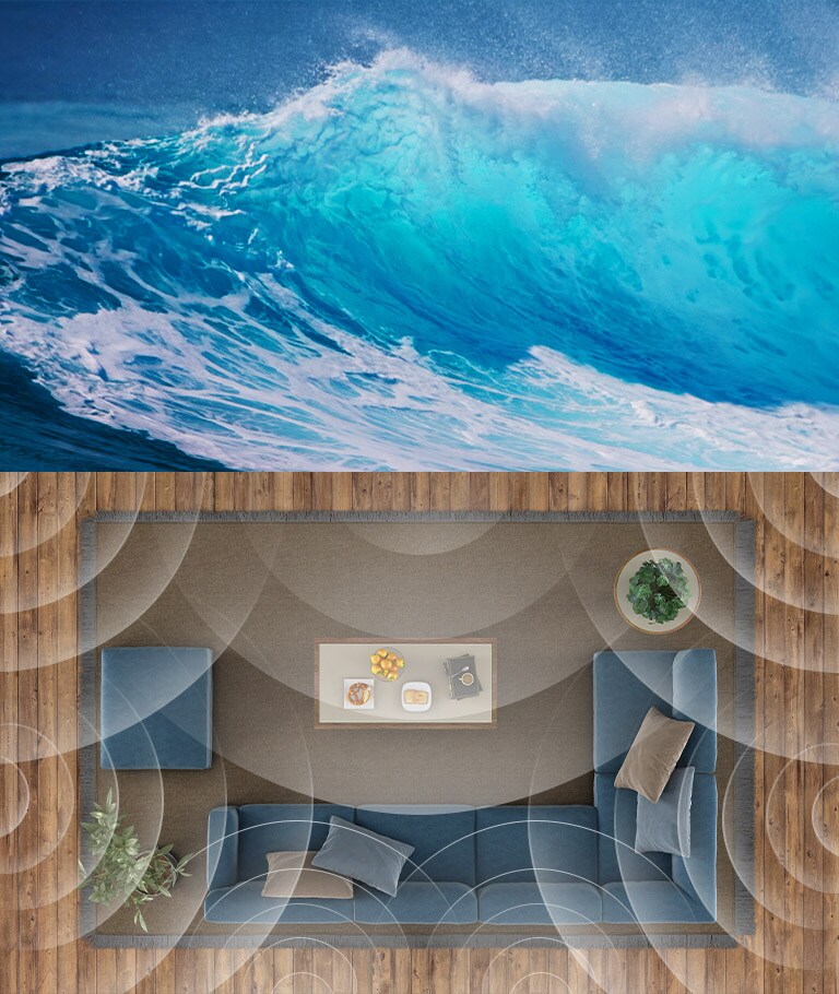 En la parte superior, hay olas intensas en el mar y en la parte inferior hay una vista superior de la sala de estar con efecto visual de longitudes de onda.