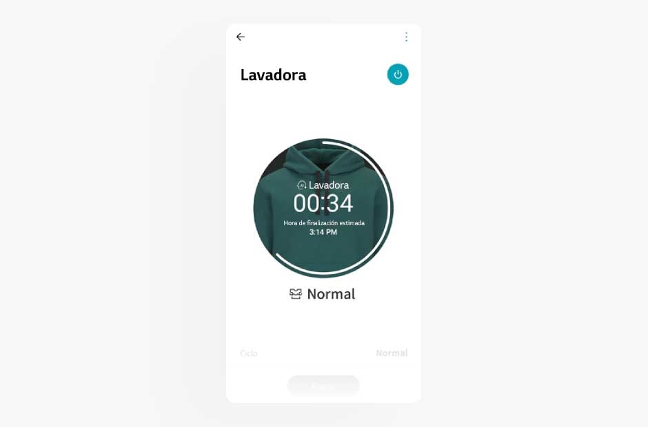 La imagen muestra la pantalla de una lavadora en la aplicación LG ThinQ