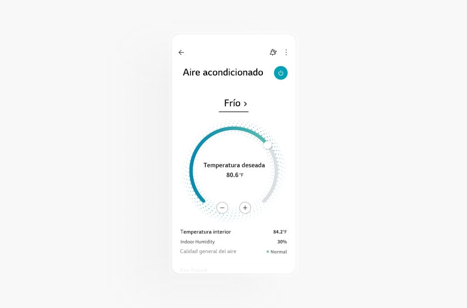 La imagen muestra la pantalla de un aire acondicionado en la aplicación LG ThinQ