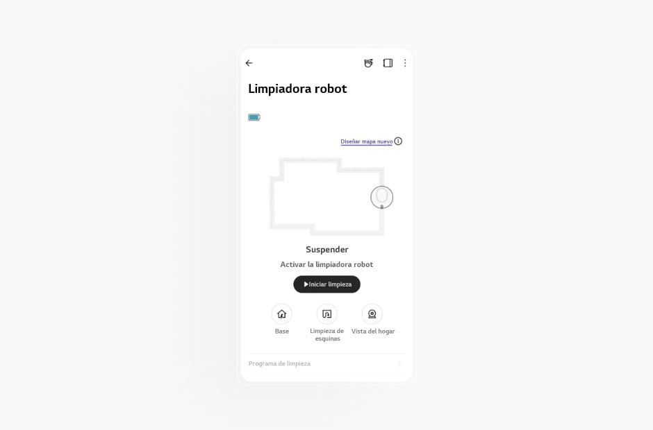 alt="La imagen muestra la pantalla de una limpiadora robot en la aplicación LG ThinQ"