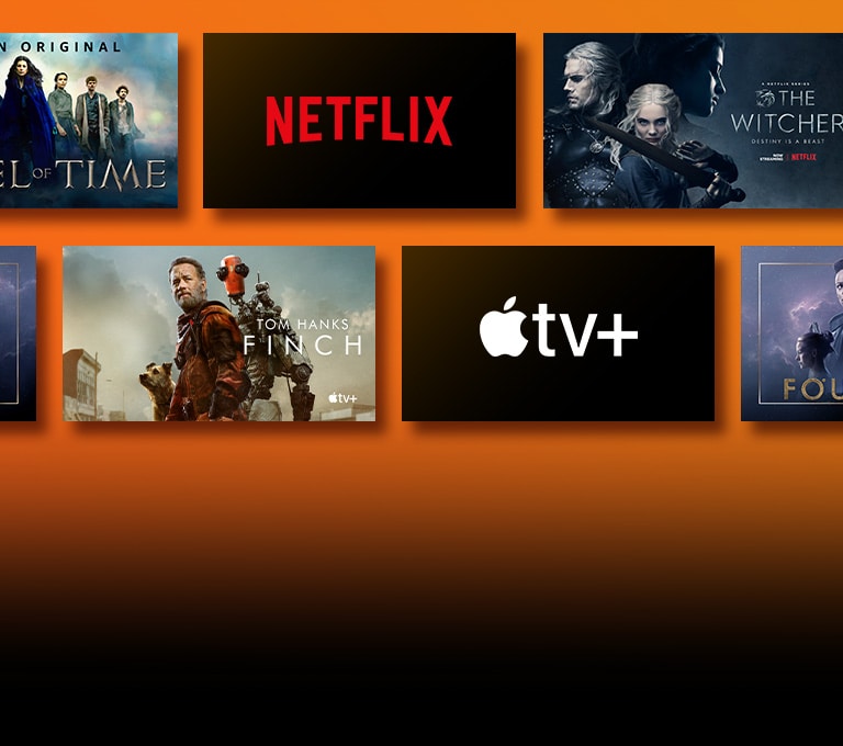 Hay logotipos de plataformas de servicios de transmisión y metrajes coincidentes justo al lado de cada logotipo. Logotipo de Netflix y robo de dinero y The Witcher. Logotipo de Prime Video y Without Remorse and The Wheel of Time. Logotipo de Livenow e imagen promocional de mamamoo y de OneUs. Logotipo de Apple TV plus y Foundation and Finch. 
