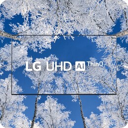 El logotipo de TV y LG UHD se encuentra en el medio, y hay árboles nevados por toda la pantalla y el fondo.