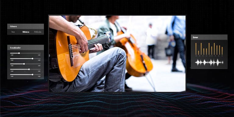Una pantalla de televisión que muestra a un hombre tocando una guitarra sobre un fondo oscuro. Al costado del televisor hay diferentes configuraciones de audio y al frente hay líneas de colores para visualizar las ondas de sonido.