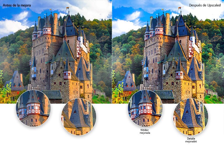 Comparación de la calidad de imagen de un castillo antiguo en medio de un bosque con el primer plano de uno de los techos con mayor nitidez y detalle después de la ampliación.