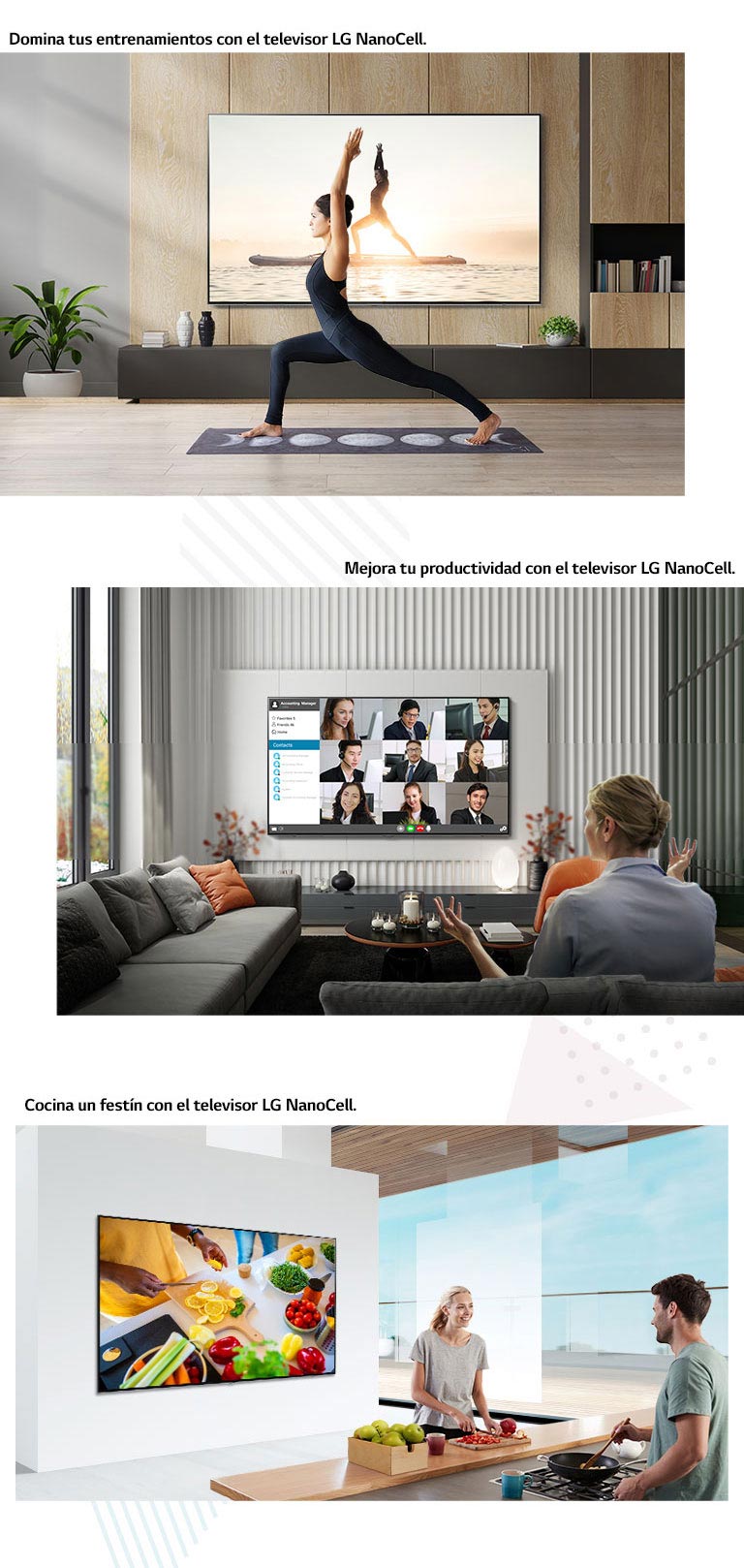 Mujer haciendo yoga en medio de una habitación frente a un gran televisor de pantalla plana montado en la pared. Vista posterior de una mujer que sostiene una videoconferencia con los participantes en el televisor de pantalla plana montado en la pared. Un hombre y una mujer cocinando juntos frente a un gran televisor montado en la pared.