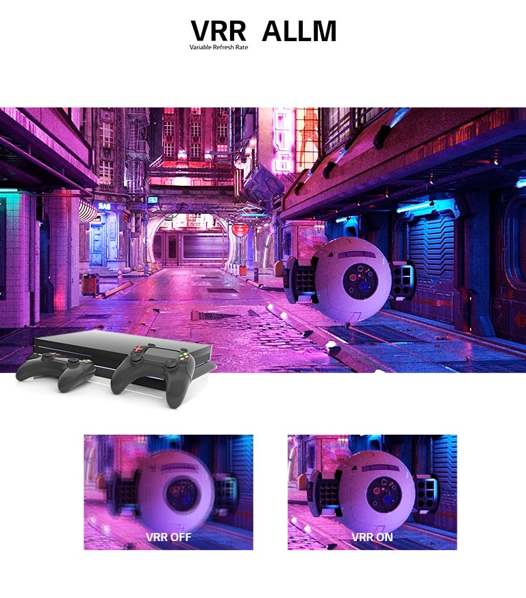 Una calle iluminada de color rosa con un artilugio robótico futurista y una consola de juegos encima de la imagen. Debajo hay dos primeros planos del artilugio robótico: el de la izquierda borroso, mostrando el VRR apagado, y el de la derecha nítido, mostrando la imagen con VRR.