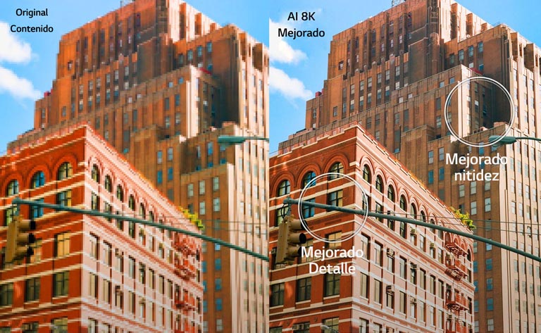 Imagen de lado a lado de edificios de la ciudad de ladrillo rojo. La imagen de la derecha es más nítida y clara, y muestra cómo se mejoraría la imagen con el aumento de escala8K AI.