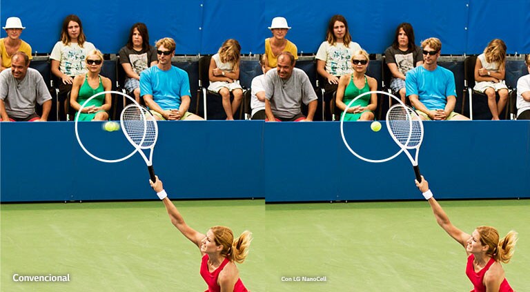 Una mujer jugando al tenis. La escena se repite, la izquierda la muestra en un televisor convencional con movimiento borroso, la derecha la muestra en un televisor LG NanoCell con imágenes nítidas y claras.
