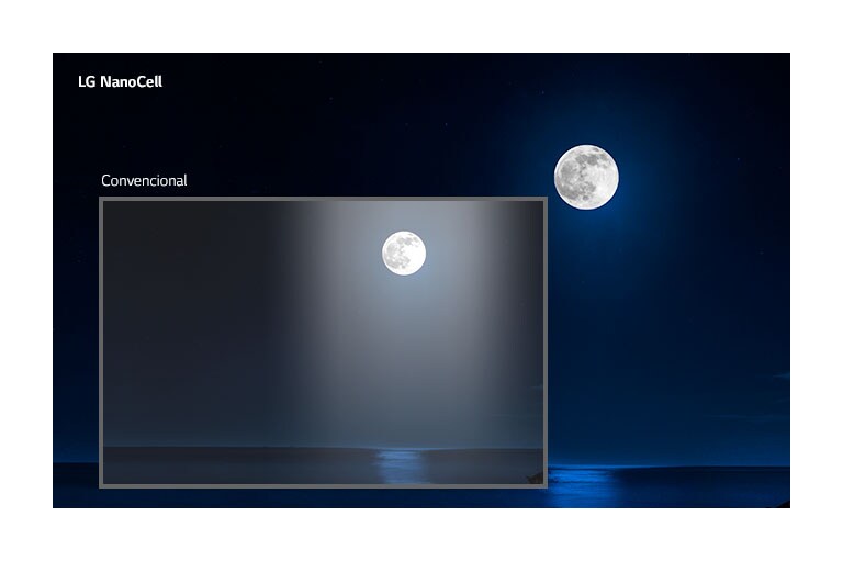 Escena oscura de una luna llena brillando sobre el agua. La sección en la parte inferior izquierda muestra la imagen en un televisor convencional con halo y colores menos claros, la imagen circundante más grande muestra la escena en el televisor LG NanoCell.