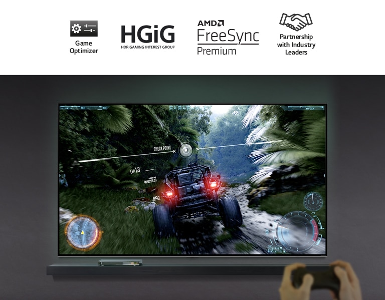 Un par de manos sosteniendo un controlador de juegos frente a un televisor. La pantalla muestra un automóvil conduciendo por una pista de tierra a través de un bosque.