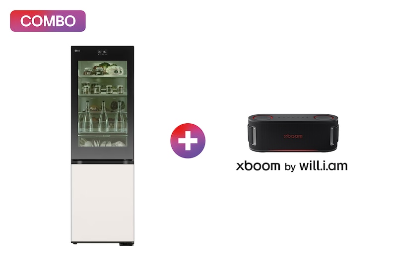 Vista frontal de Refrigerador 12 pies cúbicos InstaView™ Bottom Mount 2 Puertas + LG xboom Bounce by will.i.am | Bocina Bluetooth portátil | 40W | 30 horas de duración | IP67 | Resistencia militar | Negro GB35BVBOB.BOUNCE