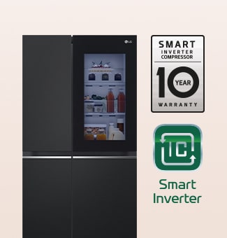 10 años de garantía en el costado del refrigerador, el logo de smart inverter