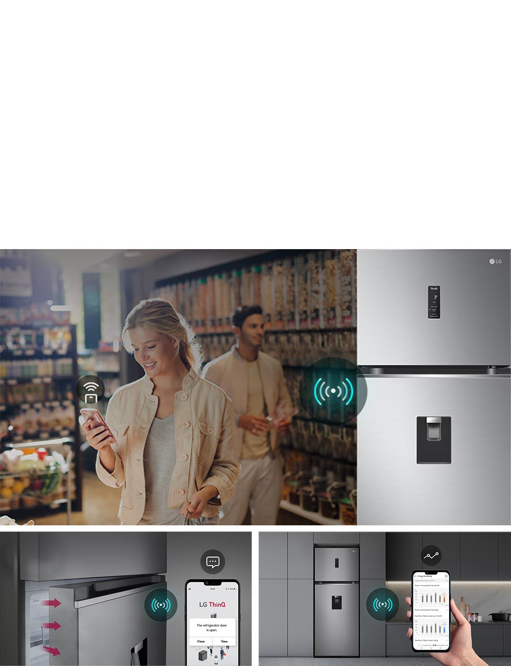 Esta imagen es una combinación de imágenes que describen las funciones del ThinQ app.