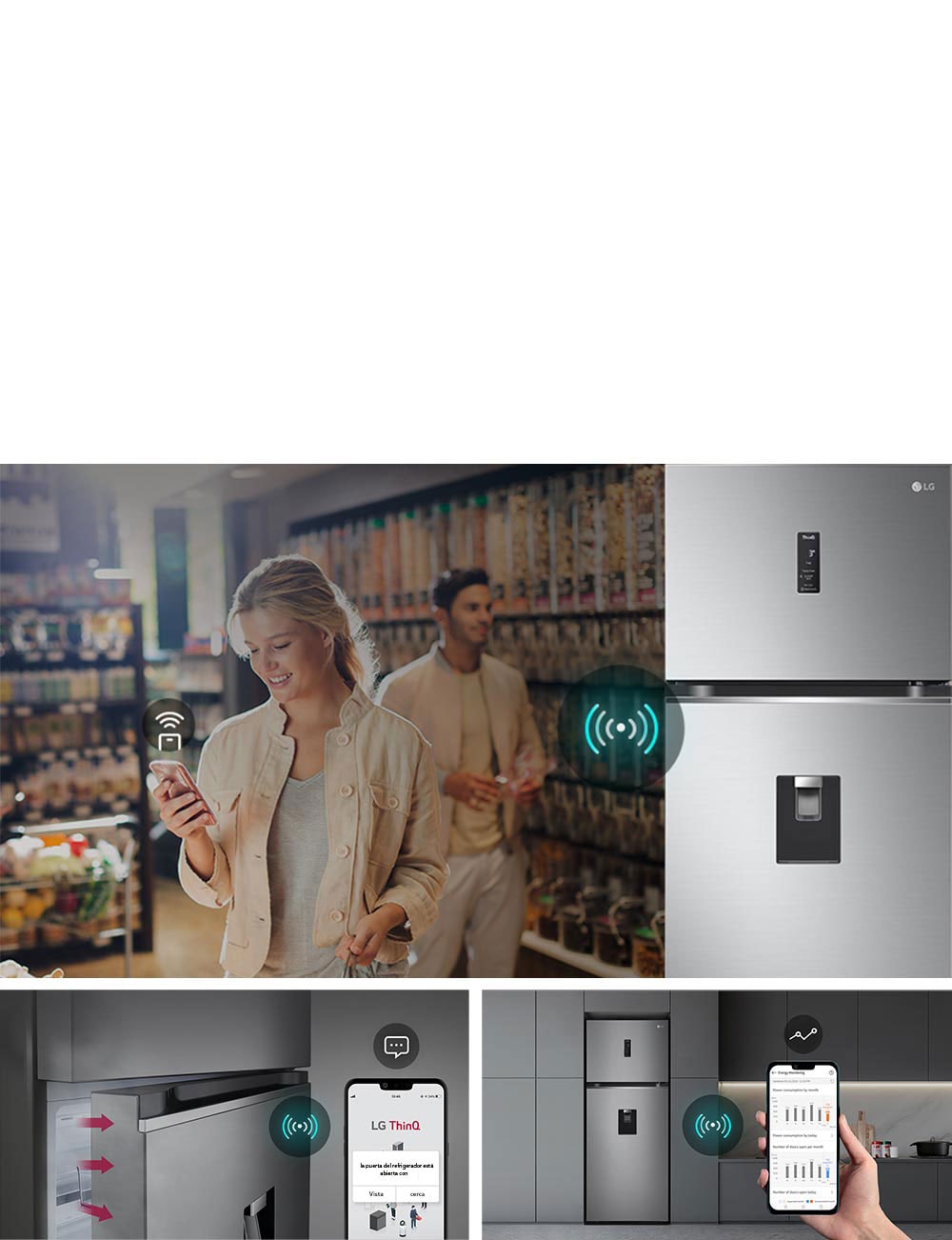  Mujer observa su teléfono y se muestra la conectividad y estado del refrigerador vía la app LG ThinQ.