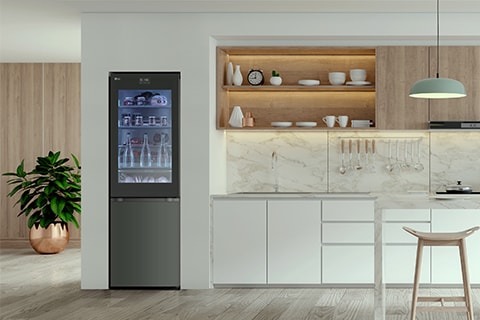 Imagen de un refrigerador en el fondo de un degradado de color.	