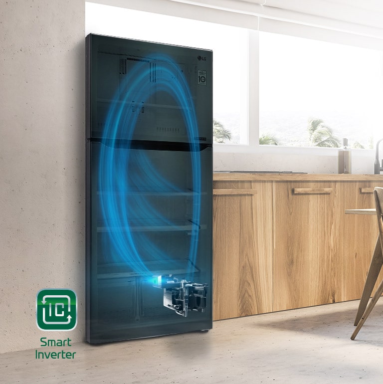 An image of the Smart Inverter Compressor can be seen through the door of a fridge in a kitchen. A blue vapor cycles through the fridge to indicate cooling.