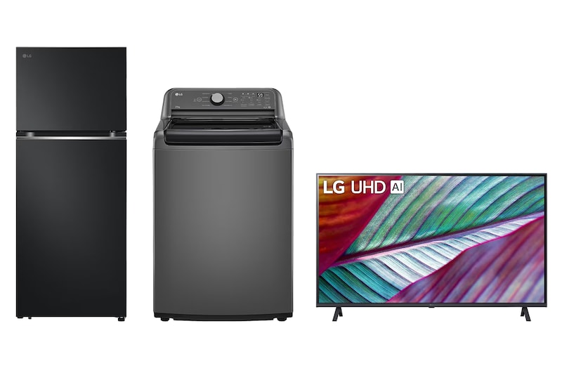 Vista frontal de Refrigerador 14 pies³ Negro + Lavadora Carga Superior 21 kg + UHD UR78 43'' 4K SMART VT40WT21.43UR780