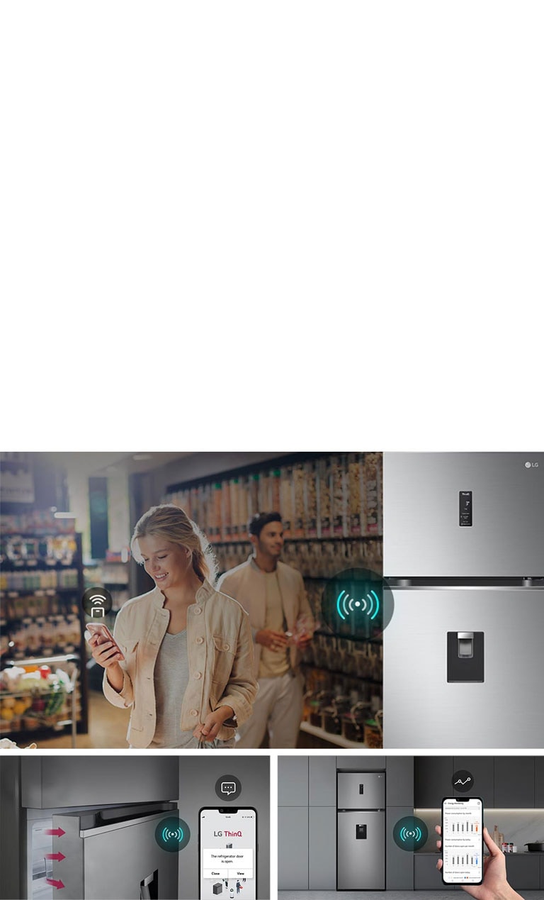 Esta imagen es una combinación de imágenes que describen las funciones del ThinQ app.