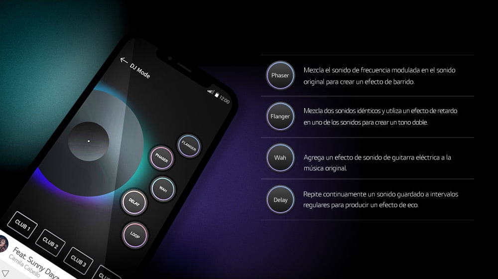 La imagen muestra un fondo degradado de color verde y violeta. Un teléfono inteligente se encuentra en un ángulo de 45 grados respecto del fondo. La interfaz de usuario del teléfono inteligente muestra los modos de DJ.