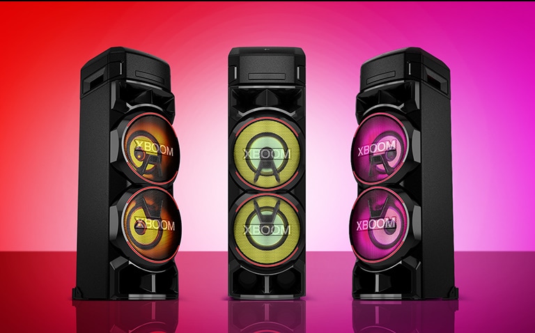 Una vista previa de video que muestra la iluminación diferente de tres LG XBOOM.
