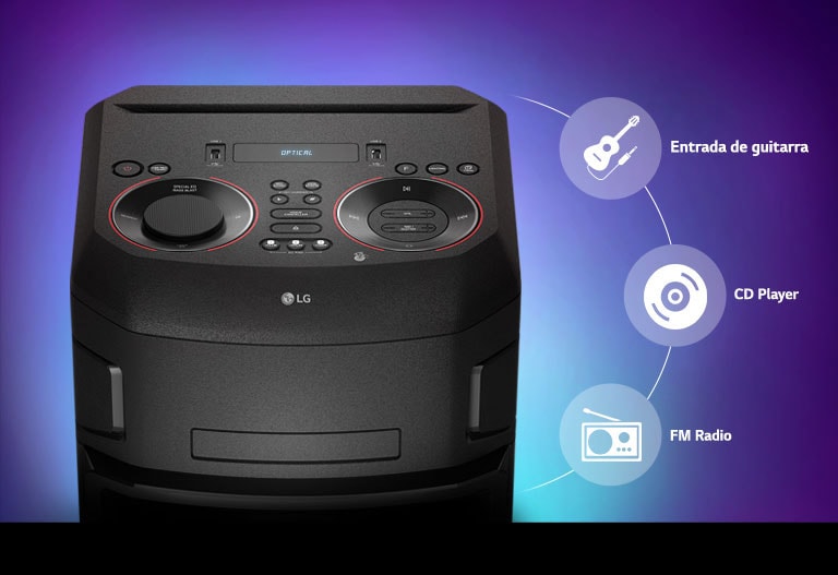 Un primer plano de la parte superior de LG XBOOM, los iconos de conectividad se muestran alrededor del producto.