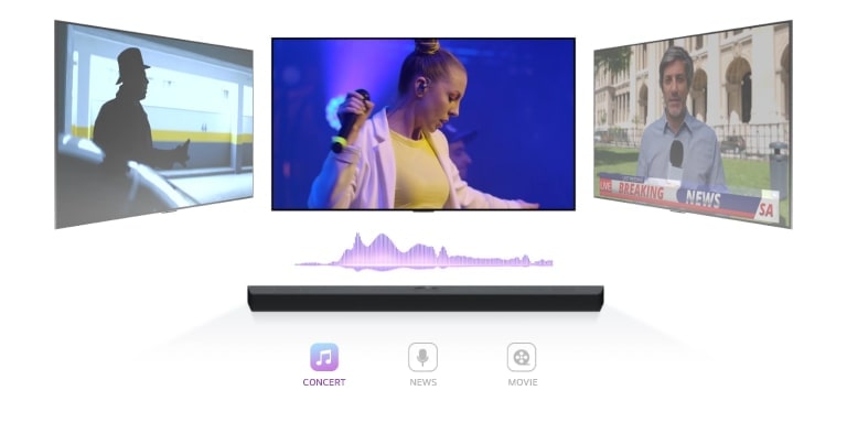 LG Soundbar muestra tres pantallas de TV diferentes. El que está directamente arriba toca primero un concierto de música con una mujer cantando. La pantalla de televisión que muestra una transmisión de noticias se mueve hacia el medio y comienza a reproducirse. Luego, la pantalla del televisor que muestra una escena de acción con una mujer corriendo escaleras arriba se mueve hacia el centro y comienza a jugar. Entre el televisor y la barra de sonido, hay una onda de sonido que cambia de color cada vez que la pantalla del televisor cambia entre sí, en correlación con el género.