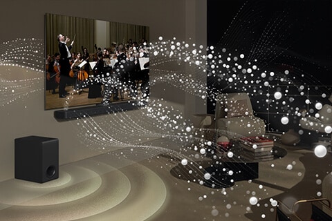 Una LG TV y una LG Soundbar en una sala reproduciendo un espectáculo de orquesta. Ondas blancas de gotas que representan ondas sonoras salen disparadas hacia arriba y hacia delante desde la soundbar y se proyectan desde la televisión, mientras el subwoofer crea un efecto sonoro desde la parte inferior.