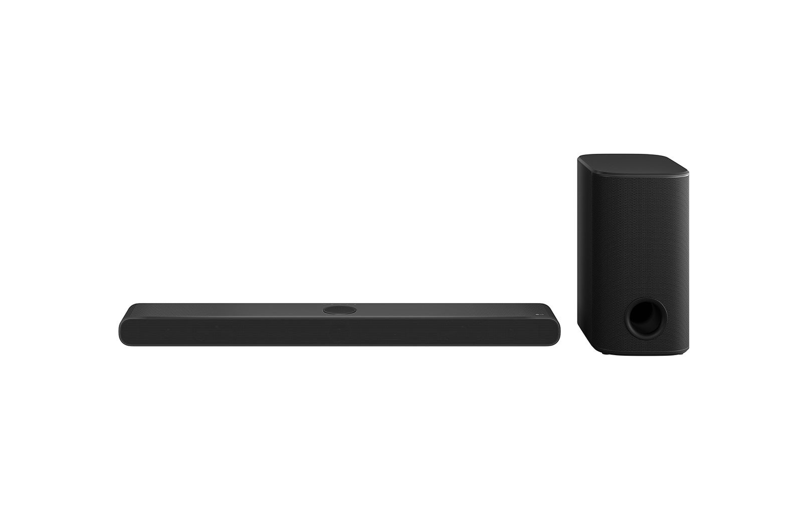 Vista frontal de la barra de sonido y el subwoofer