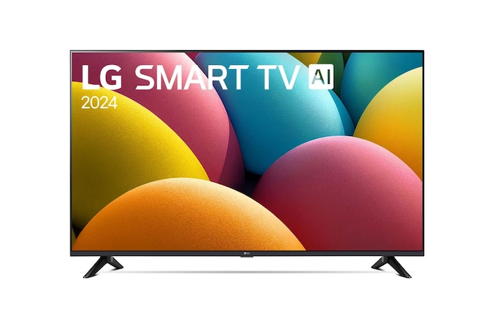 Front view of LG FHD TV, LR67 with text of LG SMART TV and 2024 on screen with 2-pole stand