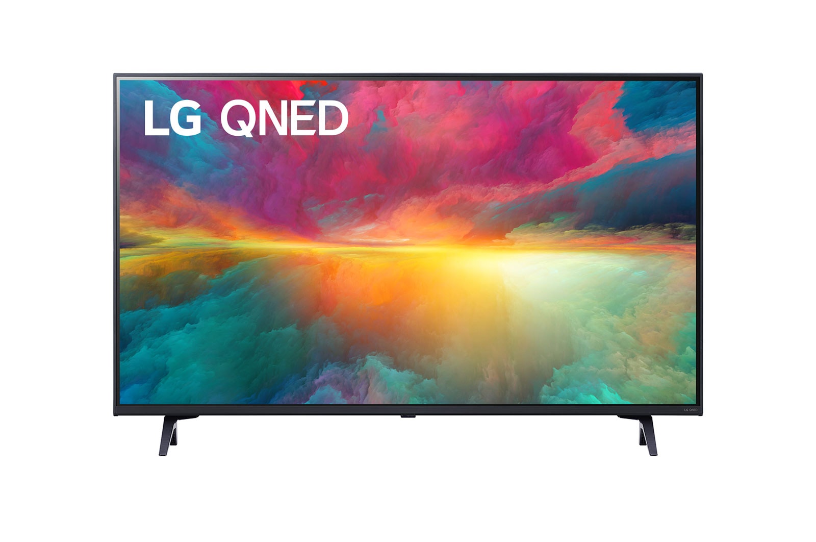 Una vista frontal del televisor LG QNED con imagen de relleno y logotipo del producto encendido