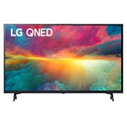 Una vista frontal del televisor LG QNED con imagen de relleno y logotipo del producto encendido