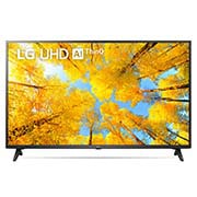 Una vista frontal del televisor LG UHD con la imagen de relleno y el logotipo del producto encima