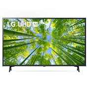 Una vista frontal del televisor LG UHD con la imagen de relleno y el logotipo del producto encima