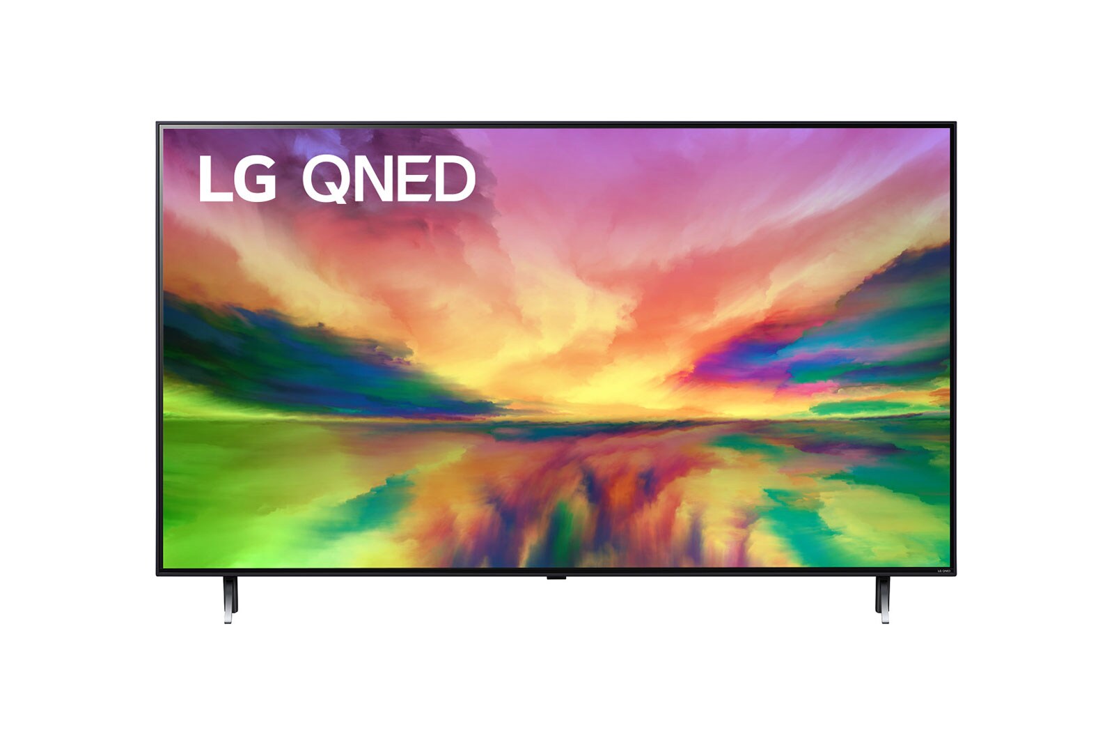 Una vista frontal del televisor LG QNED con una imagen de relleno y el logotipo del producto en