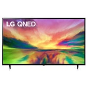 Una vista frontal del televisor LG QNED con una imagen de relleno y el logotipo del producto en