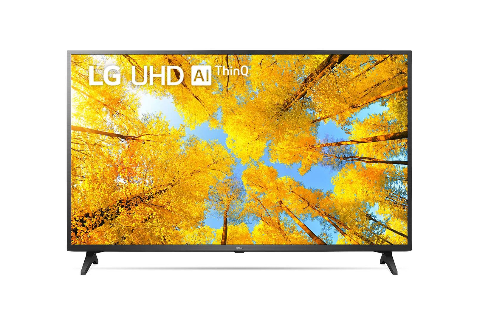 Una vista frontal del televisor LG UHD con la imagen de relleno y el logotipo del producto encima