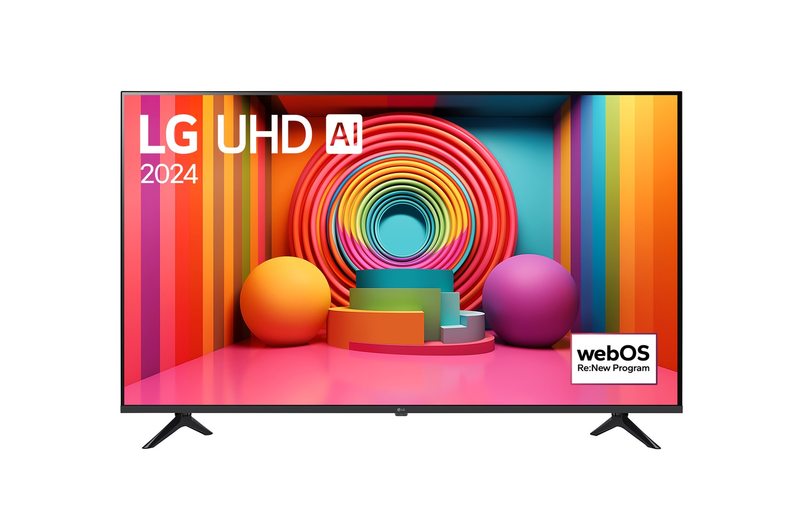 Front view of LG UHD TV, UT75 with text of LG UHD AI ThinQ, 2024, and webOS Re:New Program logo on screen