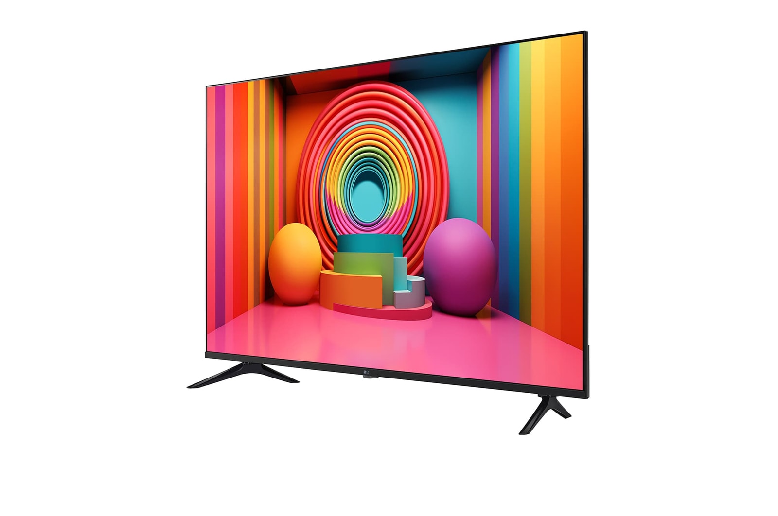 Slightly-angled left-facing side view of LG UHD TV, UT75