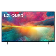 Una vista frontal del televisor LG QNED con imagen de relleno y logotipo del producto encendido